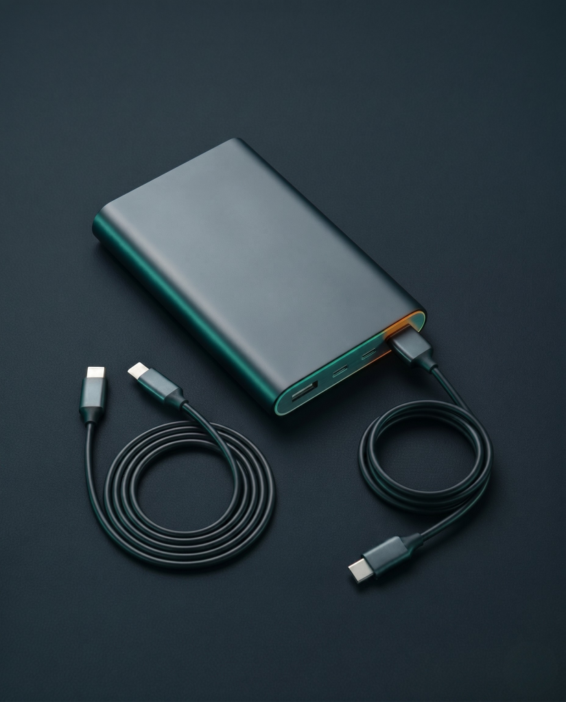 Dunkelblaue Powerbank mit zwei aufgerollten USB-C-Kabeln auf dunkelgrauem Hintergrund | Alltagssicherheit