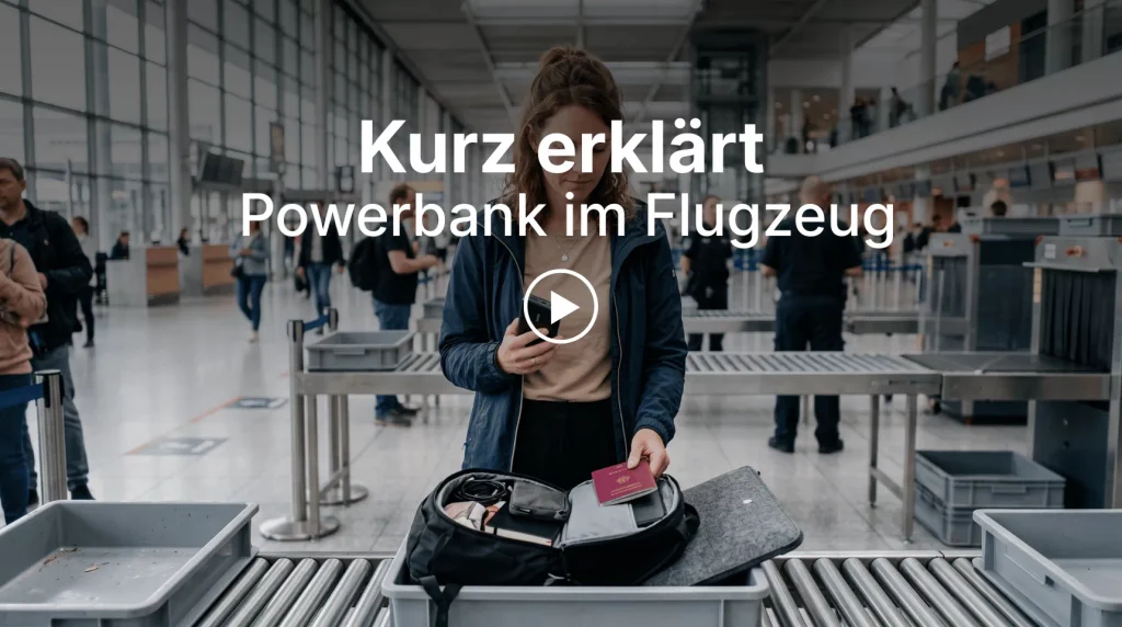 Reisende mit einer Powerbank an der Sicherheitskontrolle eines Flughafens