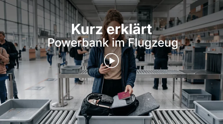 Reisende mit einer Powerbank an der Sicherheitskontrolle eines Flughafens