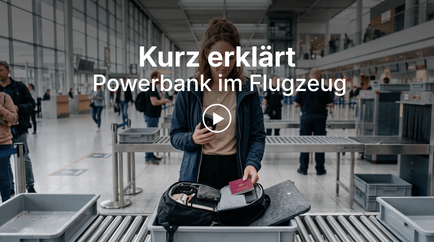 Reisende mit einer Powerbank an der Sicherheitskontrolle eines Flughafens