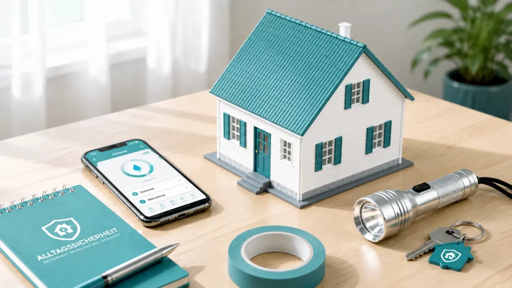 Modellhaus mit Smartphone, Taschenlampe und weiteren Helfern für Sicherheit im Alltag