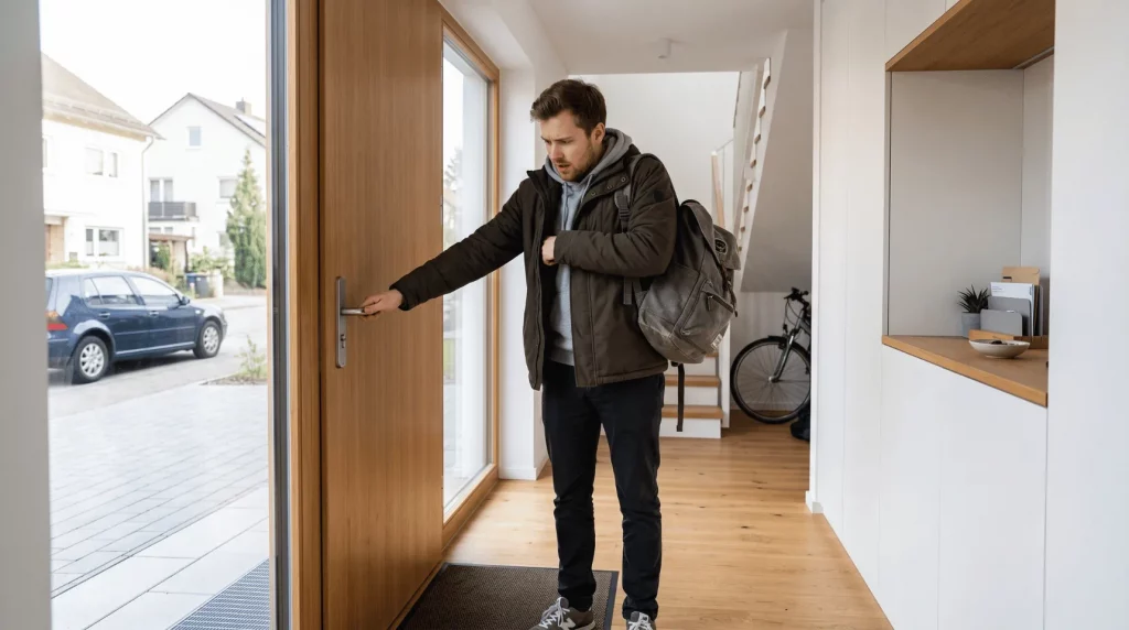 Person sucht vor dem Verlassen des Hauses ihren Schlüssel mit Bluetooth-Tracker.