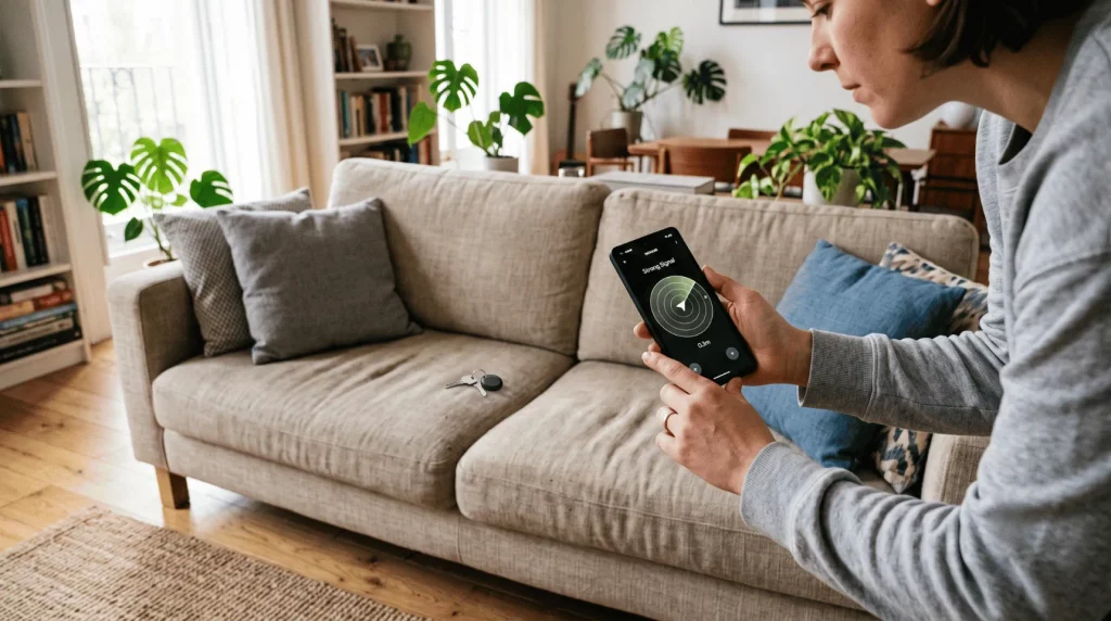 Smartphone ortet einen verlegten Schlüssel mit Bluetooth-Tracker.