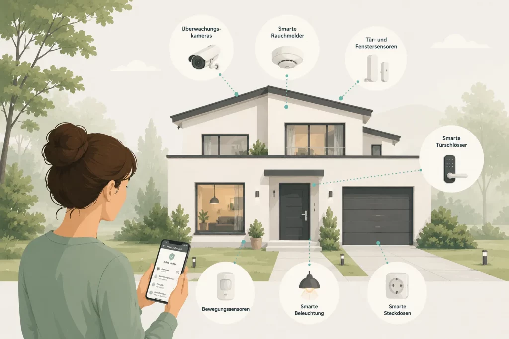 Frau mit Smartphone vor einem Smart Home mit Überwachungskamera, Rauchmelder, Sensoren und smartem Türschloss
