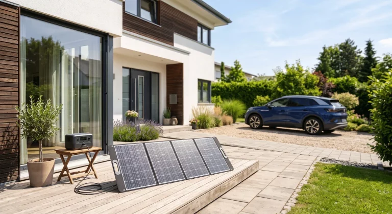 Faltbares Solarpanel lädt eine Powerstation auf der Terrasse eines Einfamilienhauses.
