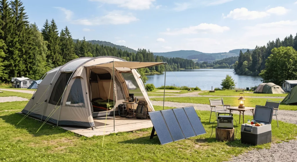 Faltbares Solarpanel versorgt beim Camping eine Powerstation und Kühlbox mit Strom.