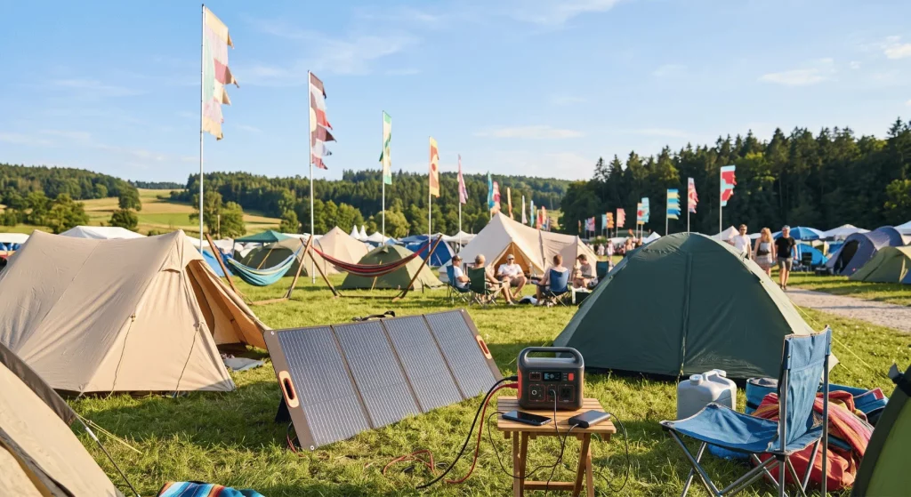 Faltbares Solarpanel lädt auf einem Festival eine Powerstation und mobile Geräte.