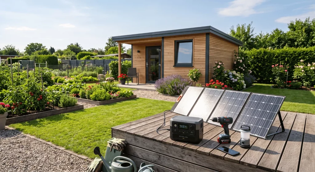 Faltbares Solarpanel lädt im Gartenhaus eine Powerstation und Akkugeräte.