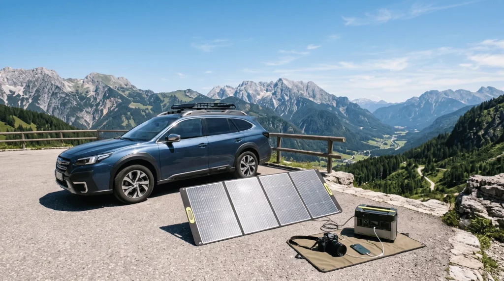 Faltbares Solarpanel lädt auf einem Roadtrip eine Powerstation und mobile Geräte.