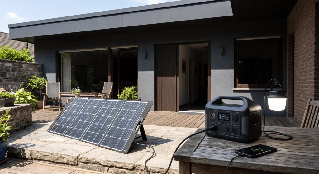 Faltbares Solarpanel lädt während eines Stromausfalls eine Powerstation vor einem Wohnhaus.