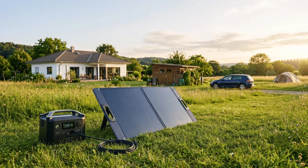 Faltbares Solarpanel und Powerstation vor Haus, Garten, Auto und Campingplatz.