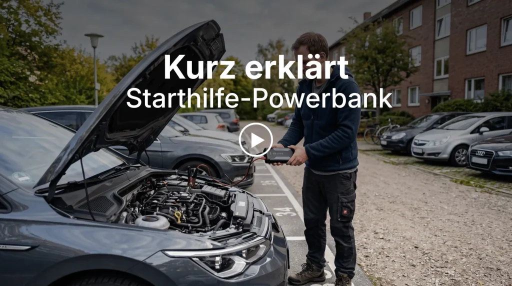 Starthilfe-Powerbank beim Auto mit geöffneter Motorhaube