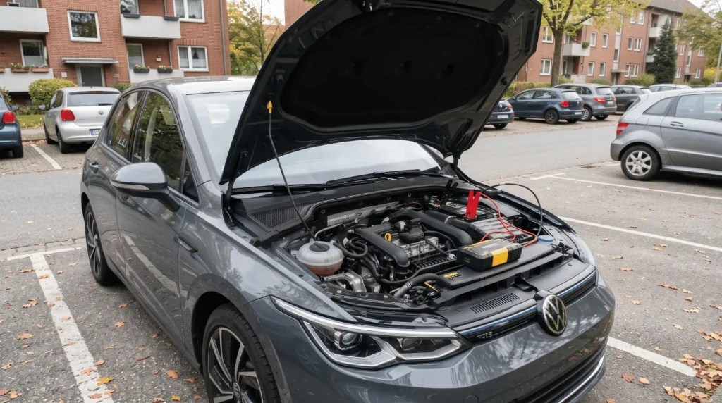 Starthilfe-Powerbank an den Anschlusspunkten im Motorraum anschließen