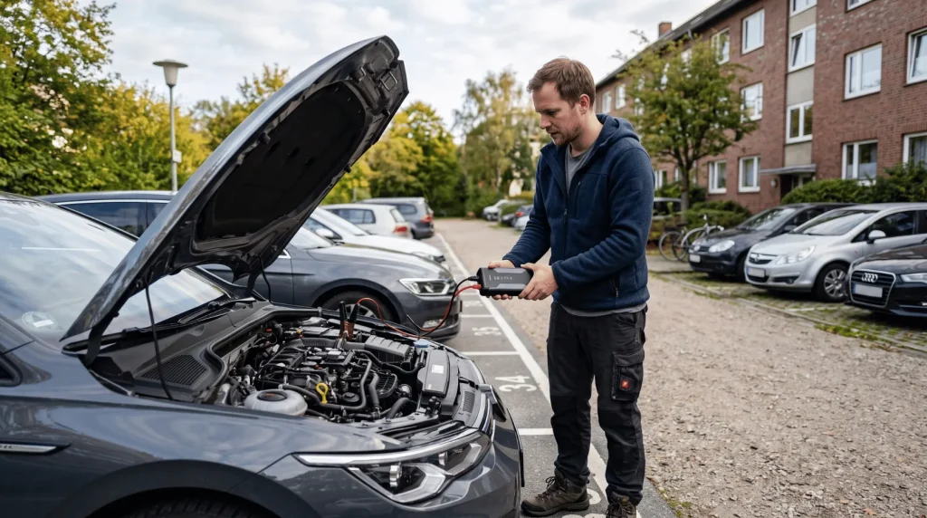 Starthilfe-Powerbank an einem Auto mit geöffneter Motorhaube