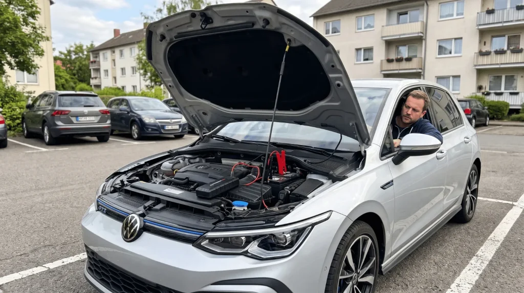 Auto mit angeschlossener Starthilfe-Powerbank starten