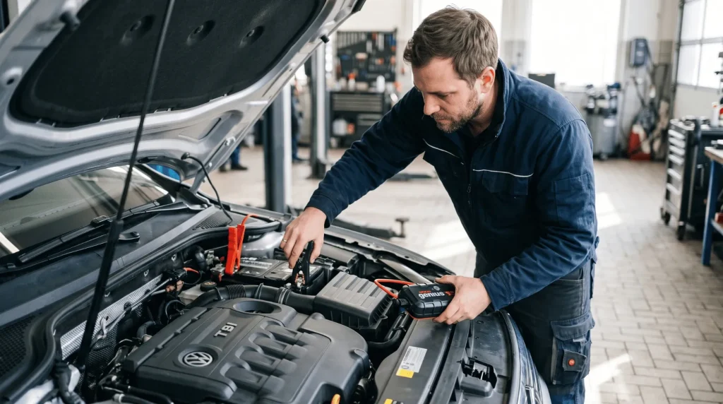 Starterbatterie nach der Starthilfe in einer Werkstatt prüfen