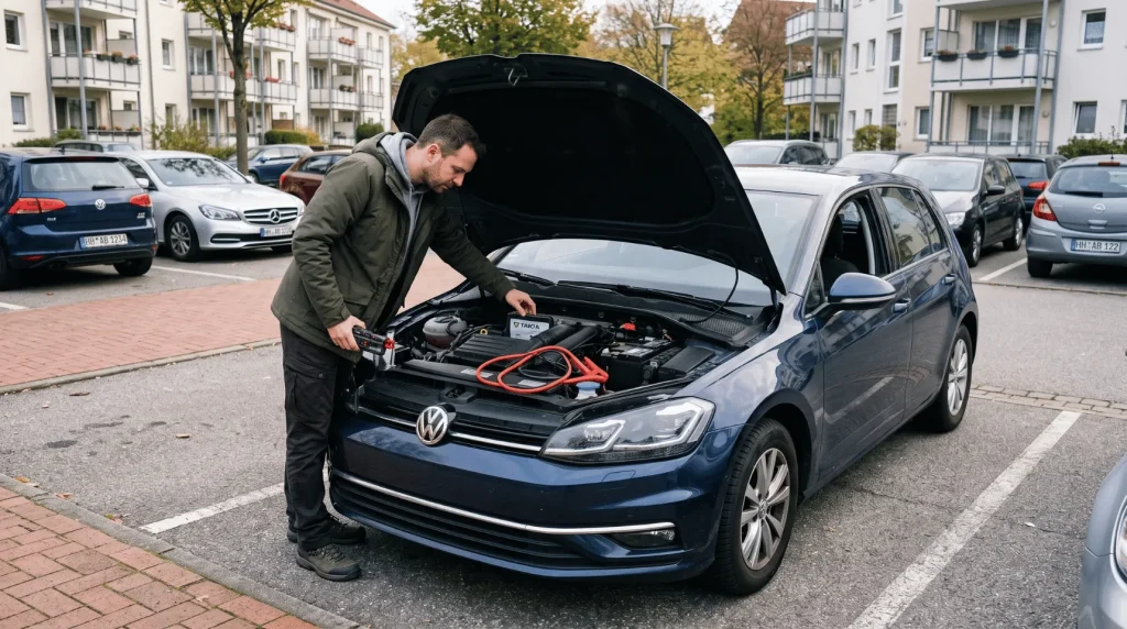 Starthilfe-Powerbank im Motorraum eines Autos mit schwacher Starterbatterie