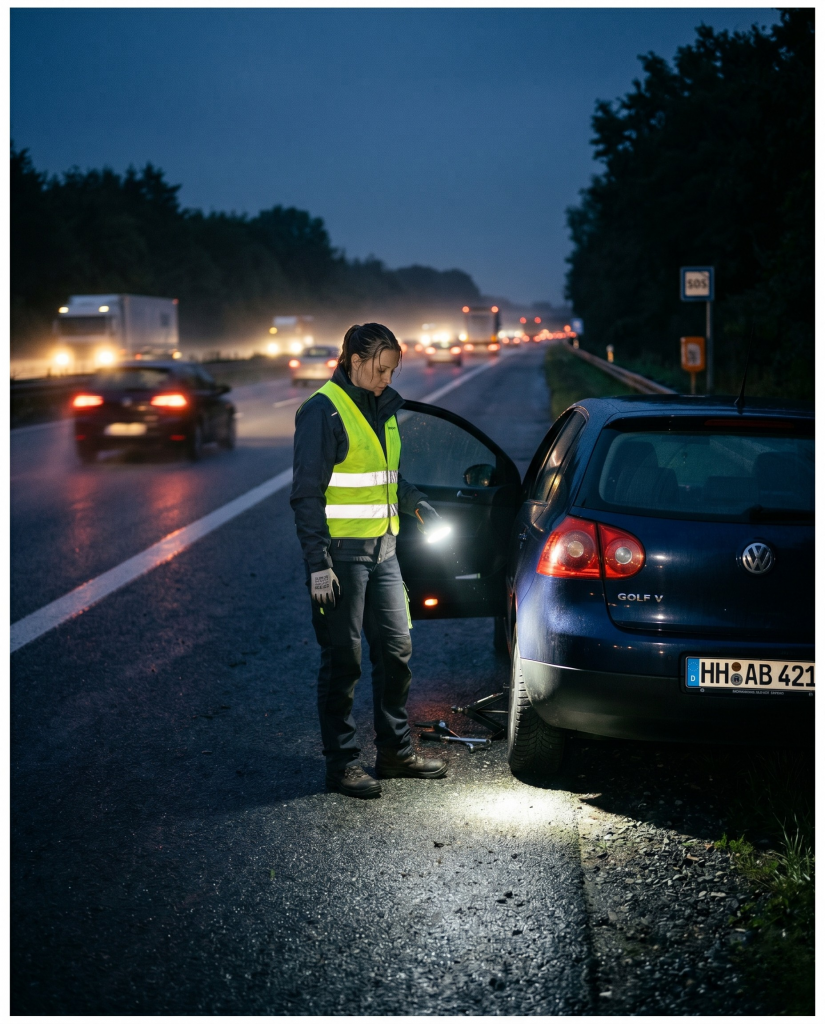 Frau mit Warnweste steht nachts bei Regen am Standstreifen und leuchtet mit einer Taschenlampe auf den platten Reifen | Alltagssicherheit