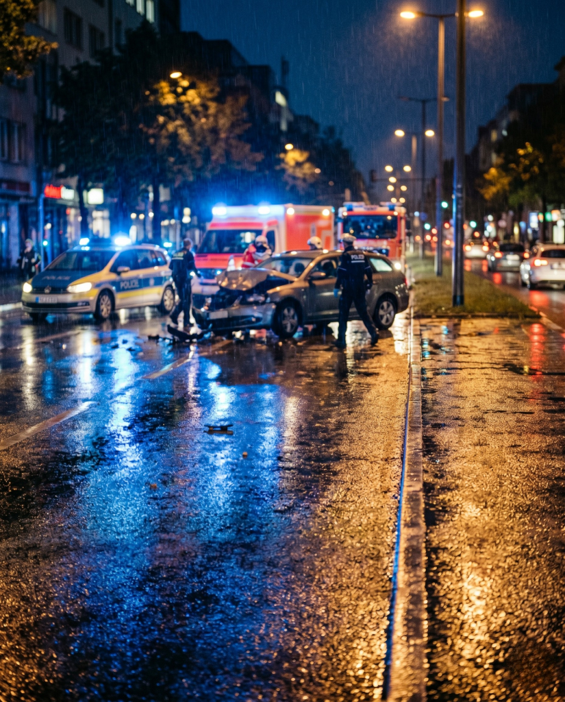 Unfallstelle bei Nacht und Regen, Polizei und Feuerwehr vor demoliertem Fahrzeug, Blaulicht spiegelt sich auf nasser Stra&szlig;e | Alltagssicherheit