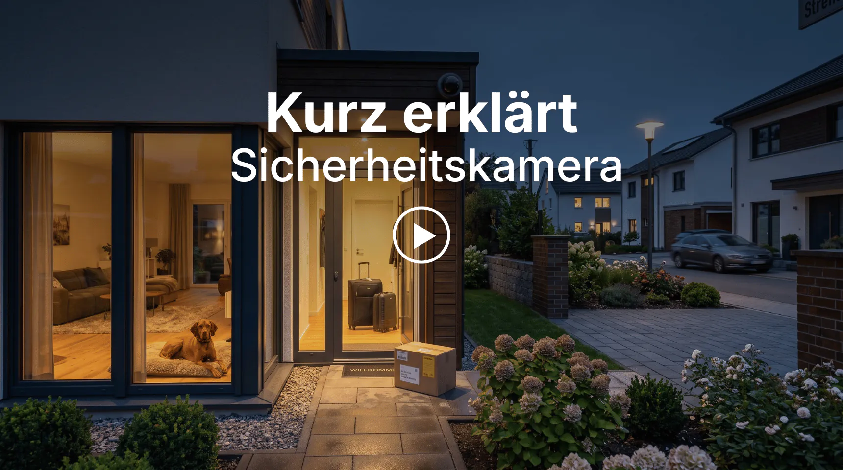 Beitragsbild der Rubrik Kurz erklärt zum Thema Sicherheitskamera mit modernem Wohnhaus und Video-Hinweis | Alltagssicherheit